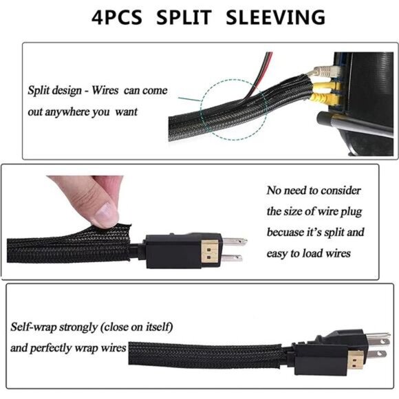 Cord Management Organizer Kit 4 Cable Sleeve Split with 41Self Adhesive Cable - Picture 3 of 6